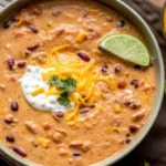 Creamy chicken taco soup in a white bowl topped with shredded cheese, cilantro, and tortilla chips on wooden table