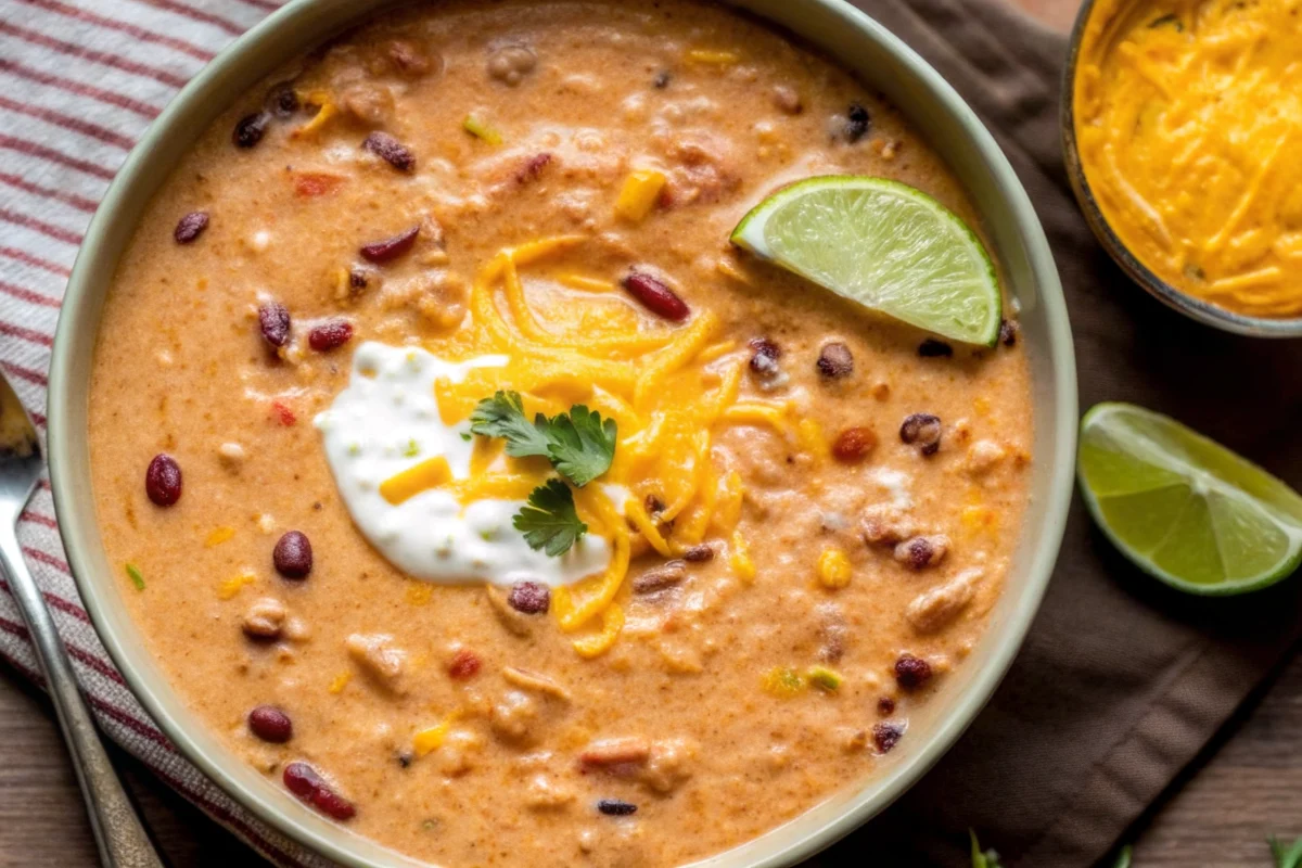 Creamy chicken taco soup in a white bowl topped with shredded cheese, cilantro, and tortilla chips on wooden table
