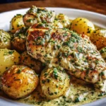Tender garlic parmesan crockpot chicken with golden baby potatoes in slow cooker, garnished with fresh parsley