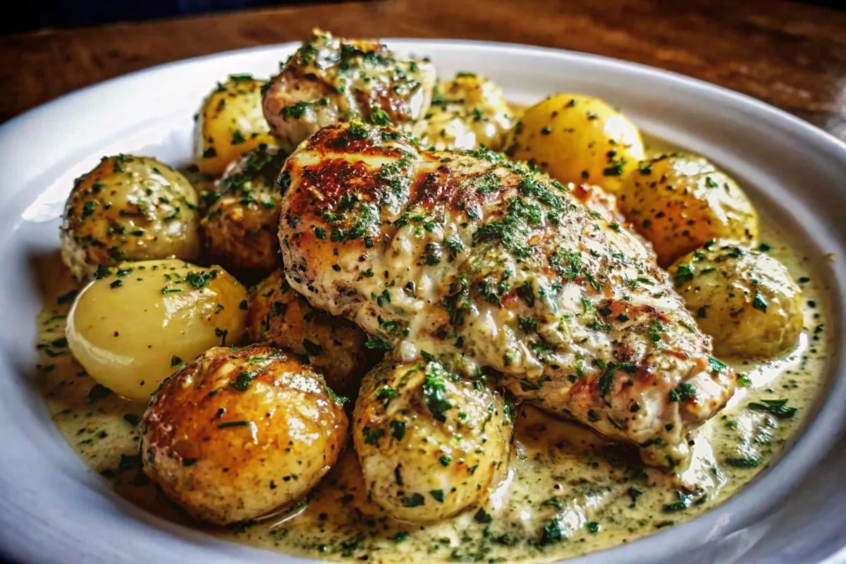 Tender garlic parmesan crockpot chicken with golden baby potatoes in slow cooker, garnished with fresh parsley