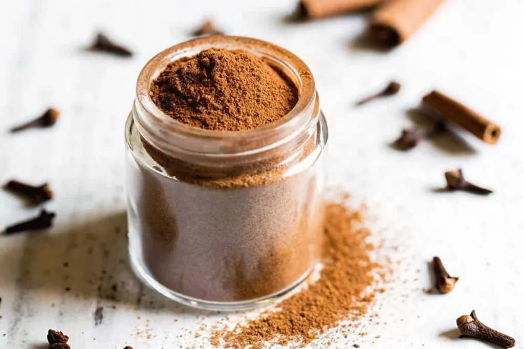 Homemade pumpkin pie spice recipe ingredients including ground cinnamon, ginger, nutmeg and cloves in individual measuring spoons with finished spice blend in glass jar