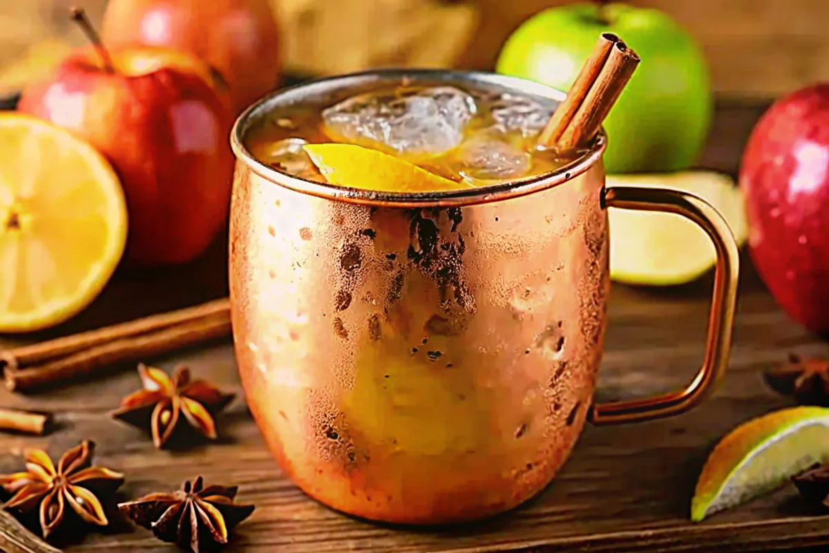 refreshing Apple Cider Mule Non Alcoholic Drink in a copper mug, garnished with a fresh apple slice and a cinnamon stick on a rustic wooden surface.