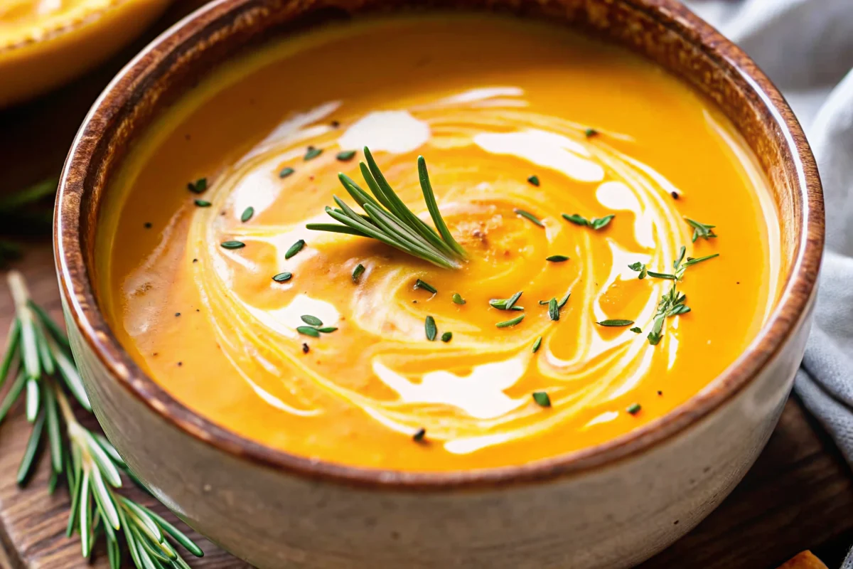 Creamy acorn squash soup in a white bowl garnished with fresh thyme, pepitas, and a drizzle of olive oil, with roasted acorn squash halves in the background