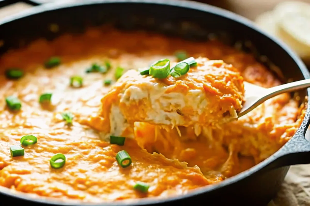 Creamy buffalo chicken dip with melted cheddar cheese topping served hot in baking dish with tortilla chips