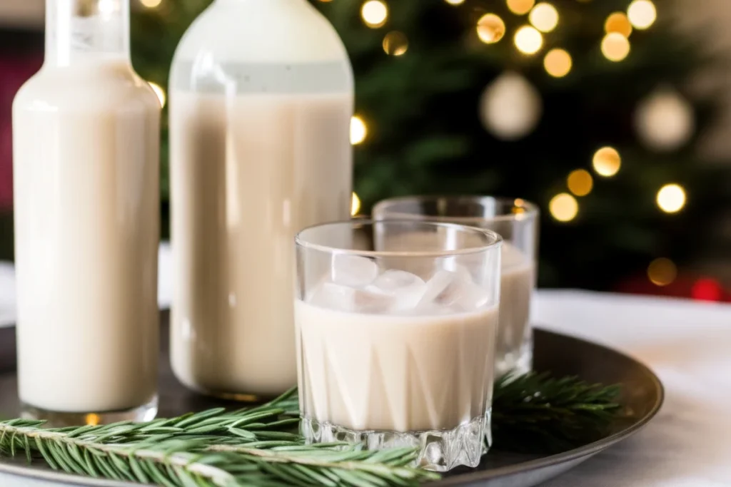 Homemade Baileys Irish Cream in glass bottle with ingredients including Irish whiskey, heavy cream, and chocolate syrup on rustic wooden table