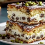 Classic Cannoli Squares cut into perfect golden-brown squares showing creamy ricotta filling with chocolate chips, garnished with pistachios and powdered sugar on white plate