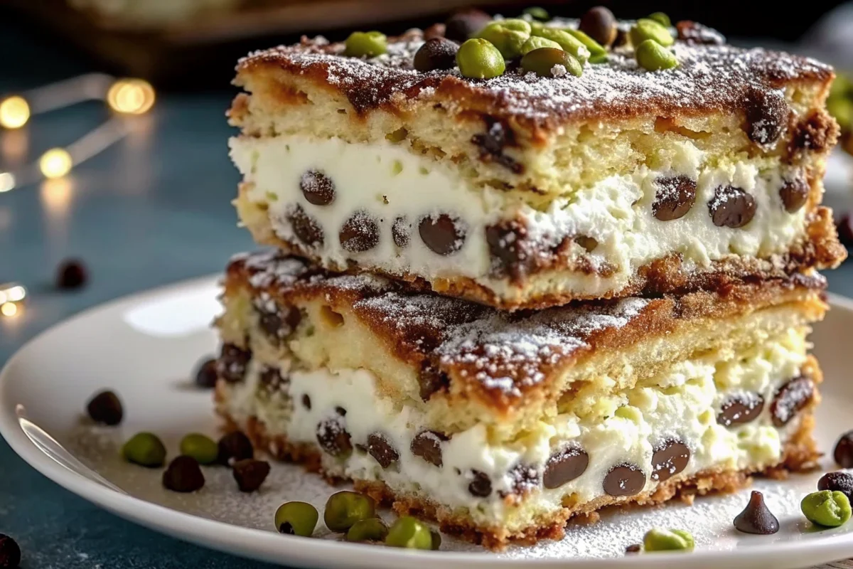 Classic Cannoli Squares cut into perfect golden-brown squares showing creamy ricotta filling with chocolate chips, garnished with pistachios and powdered sugar on white plate