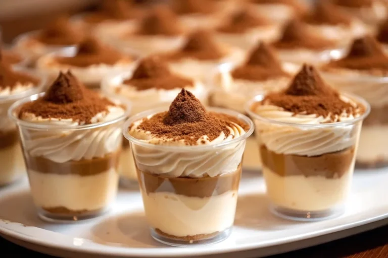 Mini tiramisu cups with layers of mascarpone cream and coffee-soaked ladyfingers, dusted with cocoa powder in elegant glass serving cups
