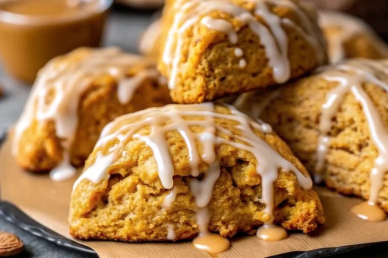 Golden brown copycat Starbucks pumpkin scones with vanilla and pumpkin spice glaze drizzled on top, arranged on parchment paper