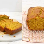 Moist homemade pumpkin bread sliced on wooden cutting board with warm autumn spices and pumpkin in background