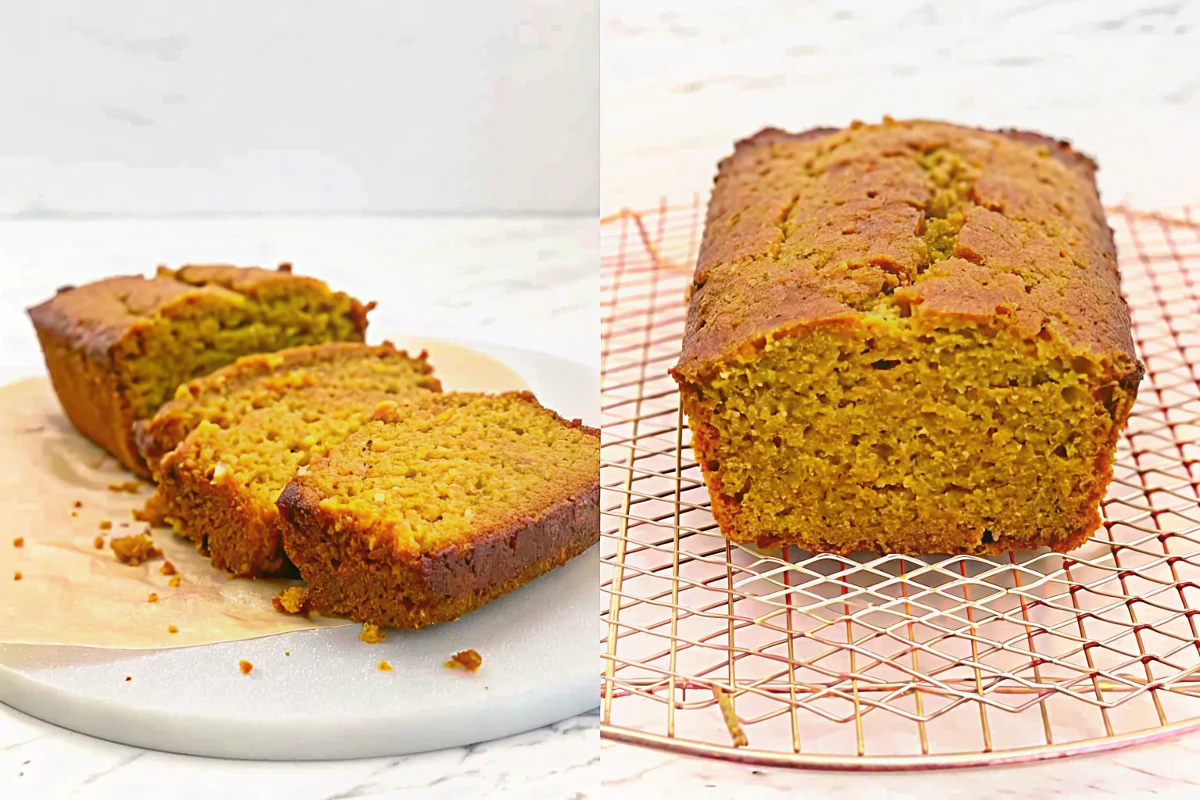 Moist homemade pumpkin bread sliced on wooden cutting board with warm autumn spices and pumpkin in background