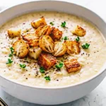 Creamy roasted garlic soup garnished with fresh parsley and parmesan cheese in white bowl with crusty bread on side