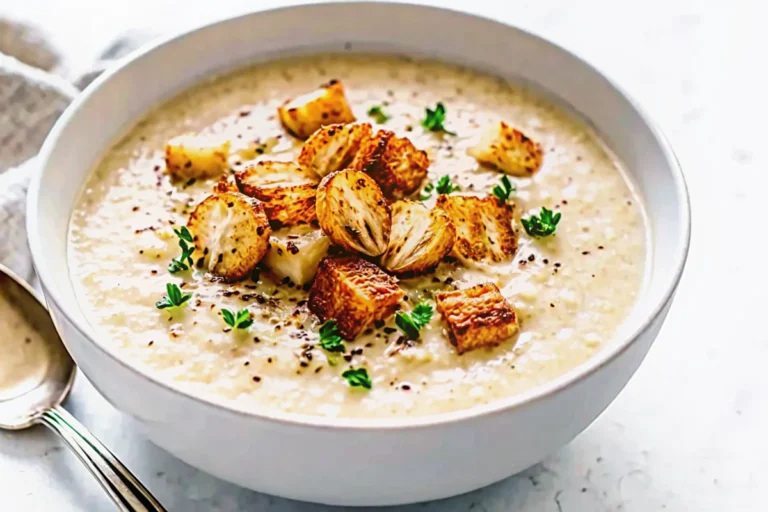 Creamy roasted garlic soup garnished with fresh parsley and parmesan cheese in white bowl with crusty bread on side