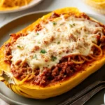 Healthy spaghetti squash pasta casserole with melted cheese, ground beef, and fresh herbs in white baking dish, showing golden bubbly top and pasta-like squash strands