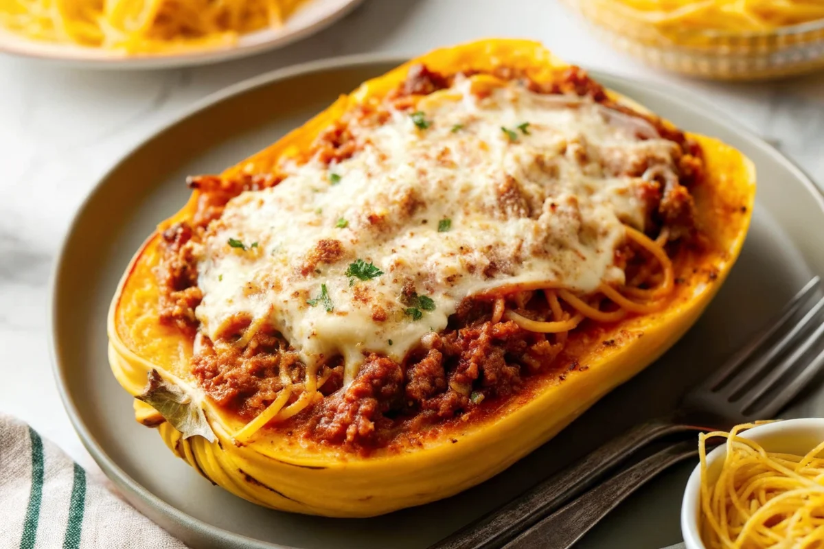 Healthy spaghetti squash pasta casserole with melted cheese, ground beef, and fresh herbs in white baking dish, showing golden bubbly top and pasta-like squash strands