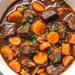 Hearty homemade beef stew with tender chunks of beef, carrots, potatoes, and mushrooms in rich brown gravy, garnished with fresh parsley in white ceramic bowl