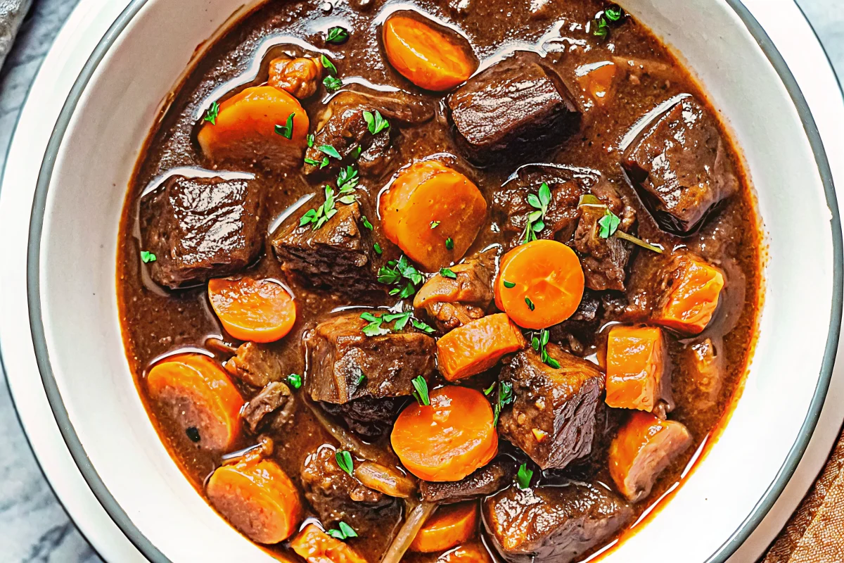 Hearty homemade beef stew with tender chunks of beef, carrots, potatoes, and mushrooms in rich brown gravy, garnished with fresh parsley in white ceramic bowl