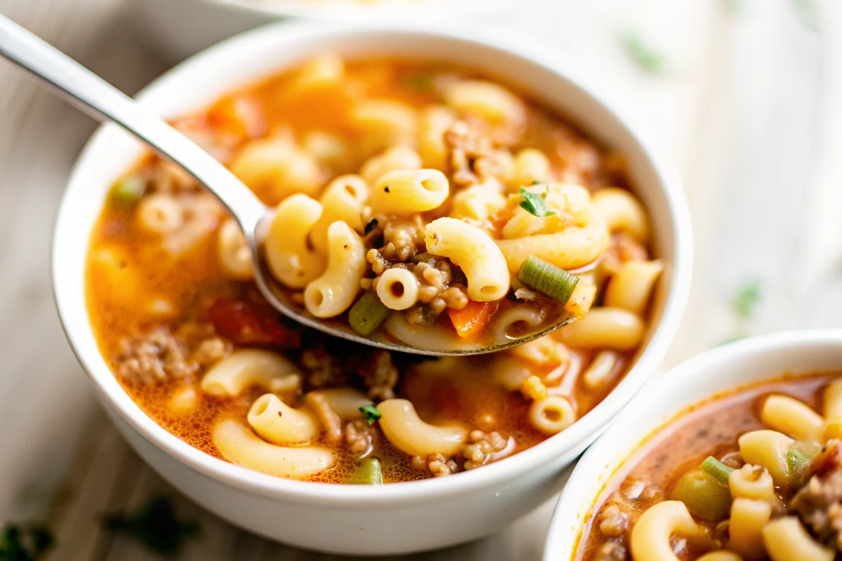 This comforting hamburger soup combines tender ground beef, mixed vegetables, and pasta in a rich tomato-based broth for the perfect weeknight dinner.
