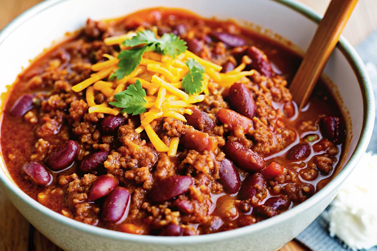 Hearty Pioneer Woman chili soup in a large Dutch oven with colorful toppings including shredded cheese, sour cream, and green onions
