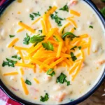 Creamy potato soup recipe with russet potatoes, carrots, and herbs in a rustic bowl garnished with fresh parsley and cheddar cheese