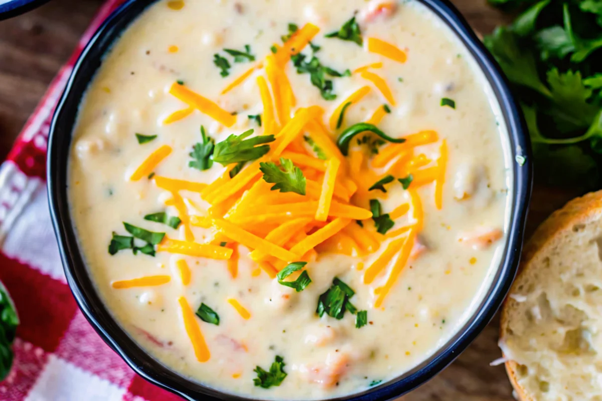 Creamy potato soup recipe with russet potatoes, carrots, and herbs in a rustic bowl garnished with fresh parsley and cheddar cheese
