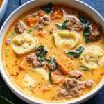 Creamy sausage tortellini soup with sweet potatoes and spinach in white bowl, perfect cozy recipe for cold weather comfort food