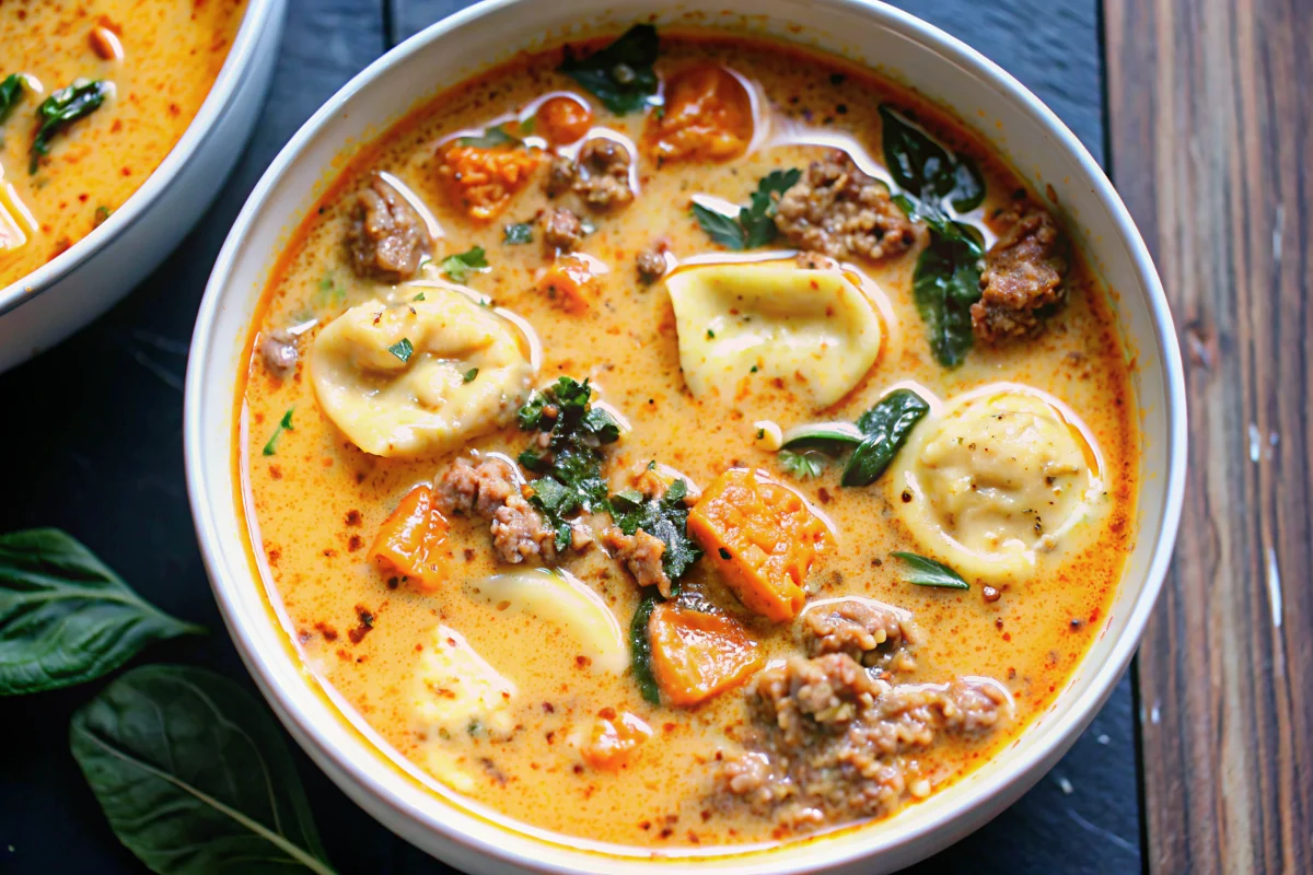 Creamy sausage tortellini soup with sweet potatoes and spinach in white bowl, perfect cozy recipe for cold weather comfort food