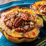 Golden roasted acorn squash halves topped with caramelized maple syrup and toasted pecans on a parchment-lined baking sheet