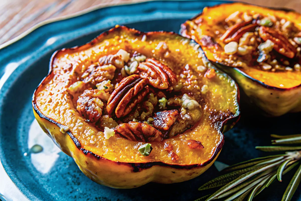 Golden roasted acorn squash halves topped with caramelized maple syrup and toasted pecans on a parchment-lined baking sheet
