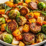 Colorful harvest sheet pan dinner with golden roasted sweet potatoes, caramelized Brussels sprouts, and sliced chicken apple sausage arranged on parchment-lined baking sheet
