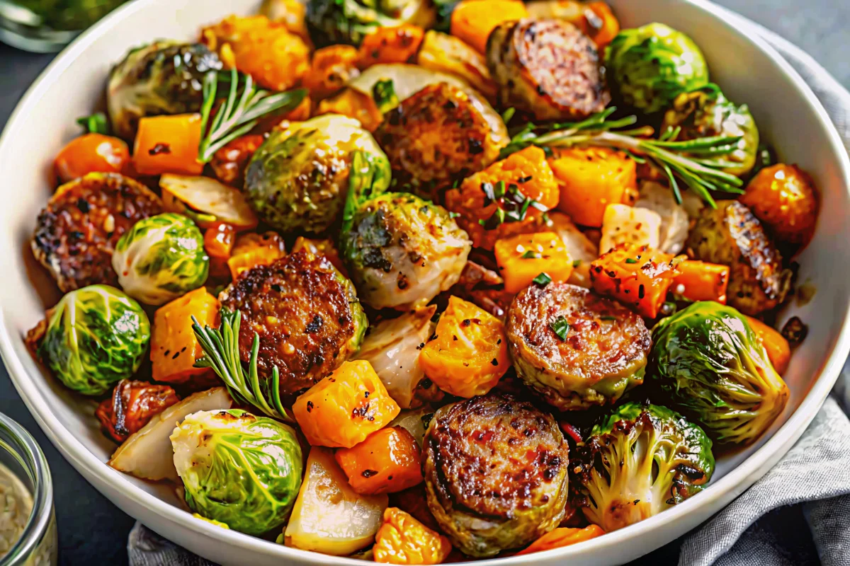 Colorful harvest sheet pan dinner with golden roasted sweet potatoes, caramelized Brussels sprouts, and sliced chicken apple sausage arranged on parchment-lined baking sheet