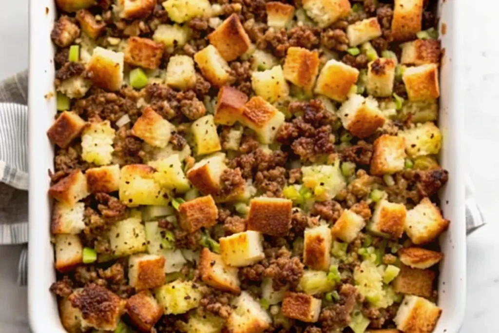 Golden-brown homemade sausage stuffing in white casserole dish with fresh parsley garnish, featuring perfectly textured bread cubes mixed with breakfast sausage, celery, and herbs