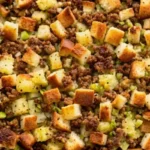 Golden-brown homemade sausage stuffing in white casserole dish with fresh parsley garnish, featuring perfectly textured bread cubes mixed with breakfast sausage, celery, and herbs