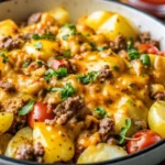 Cheesy ground beef and potatoes skillet with melted cheddar cheese and fresh parsley garnish on wooden table