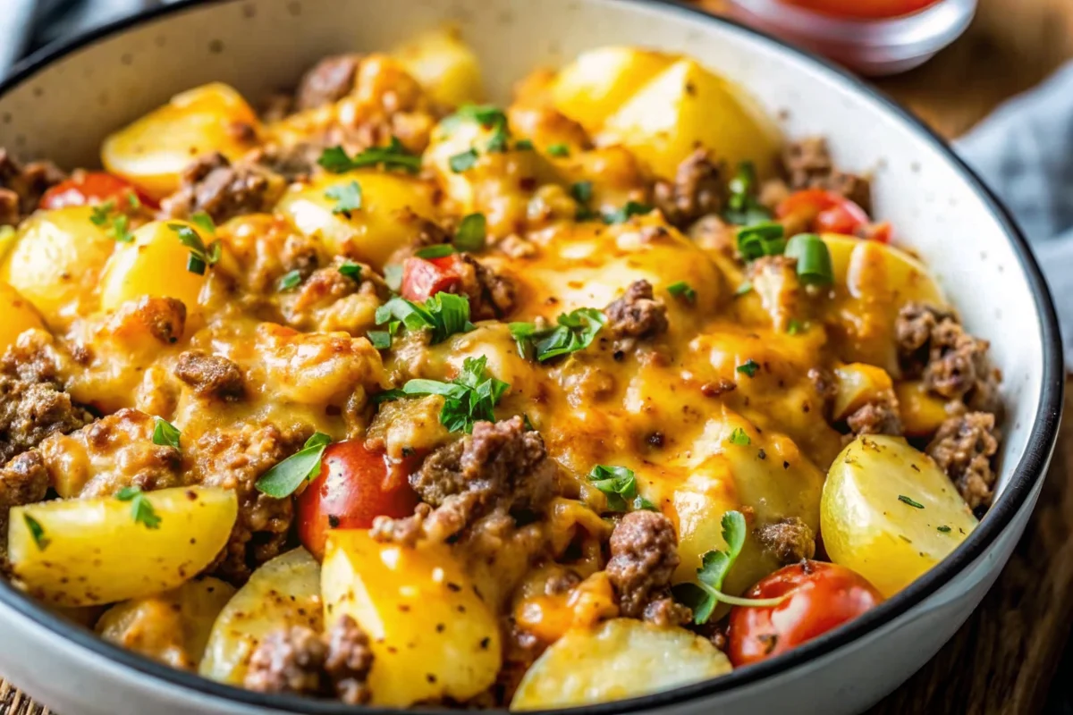 Cheesy ground beef and potatoes skillet with melted cheddar cheese and fresh parsley garnish on wooden table