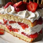 Homemade strawberry shortcake with layered cake, fresh strawberries, and whipped cream on white plate