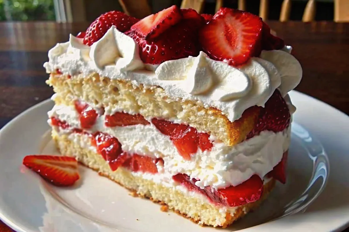 Homemade strawberry shortcake with layered cake, fresh strawberries, and whipped cream on white plate