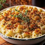 Creamy Thanksgiving mac and cheese with golden breadcrumb topping in white baking dish, perfect holiday side dish recipe