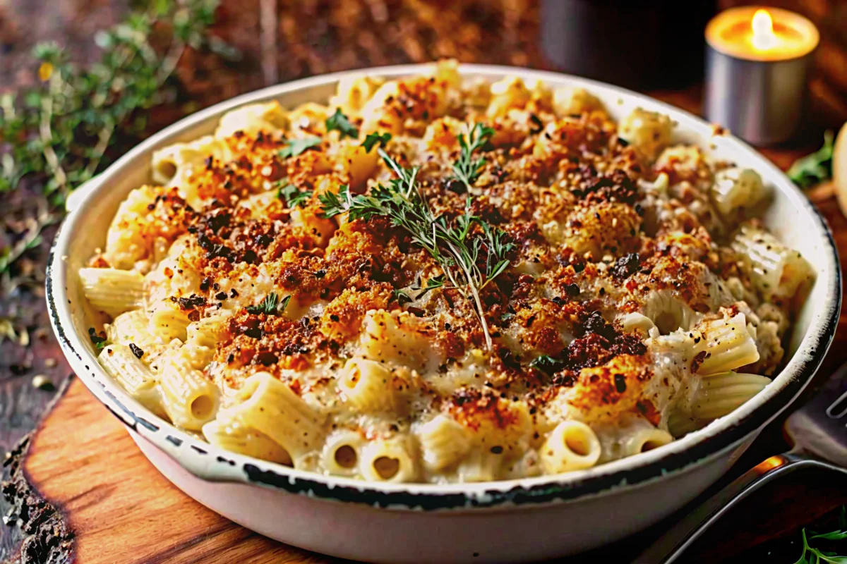 Creamy Thanksgiving mac and cheese with golden breadcrumb topping in white baking dish, perfect holiday side dish recipe