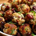 Golden-brown cranberry turkey stuffing balls arranged on a white platter with fresh herbs, featuring perfectly round spheres with visible cranberry pieces, ideal for holiday entertaining and Thanksgiving appetizers