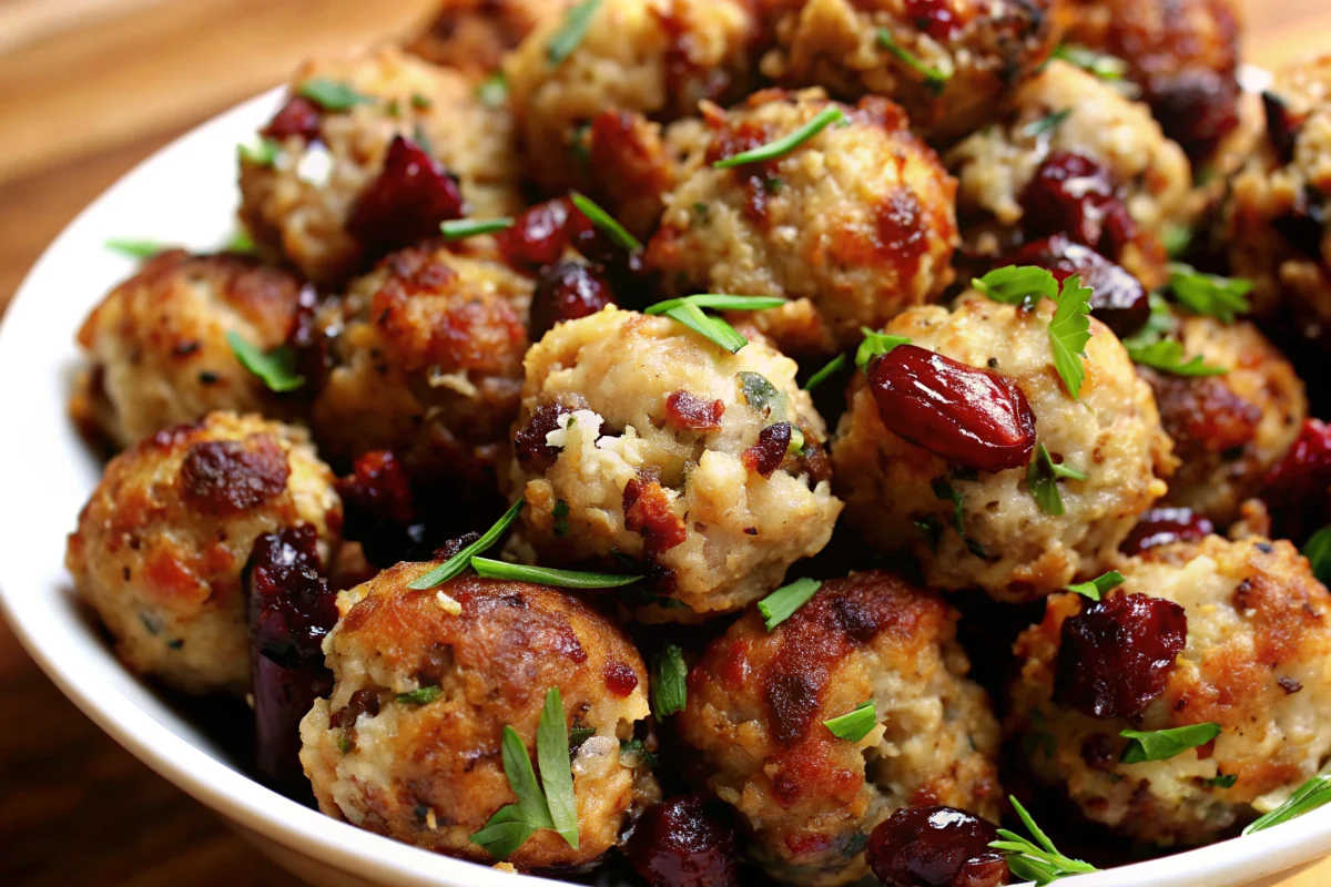 Golden-brown cranberry turkey stuffing balls arranged on a white platter with fresh herbs, featuring perfectly round spheres with visible cranberry pieces, ideal for holiday entertaining and Thanksgiving appetizers
