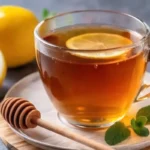 Simple hot toddy recipe for colds in white ceramic mug with lemon wheel garnish, honey, and steam rising, perfect winter cold remedy