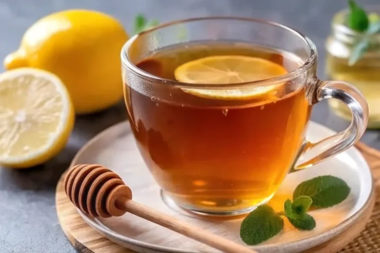 Simple hot toddy recipe for colds in white ceramic mug with lemon wheel garnish, honey, and steam rising, perfect winter cold remedy