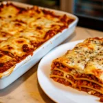 Perfect homemade lasagna with golden melted cheese, rich meat sauce, and creamy ricotta layers in a baking dish