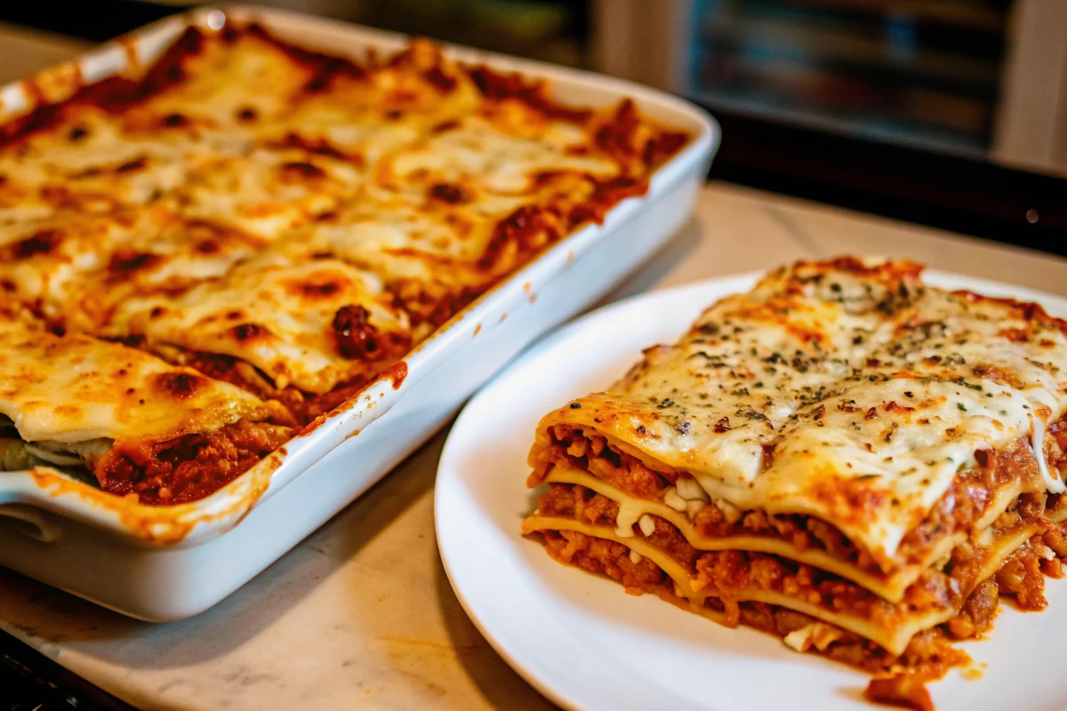Perfect homemade lasagna with golden melted cheese, rich meat sauce, and creamy ricotta layers in a baking dish