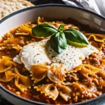 Creamy lasagna soup with melted cheese, ground beef, and fresh basil in a white bowl