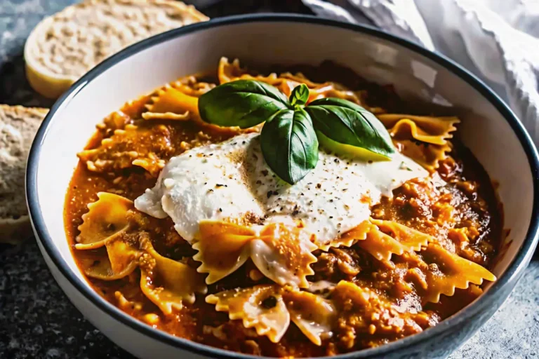 Creamy lasagna soup with melted cheese, ground beef, and fresh basil in a white bowl