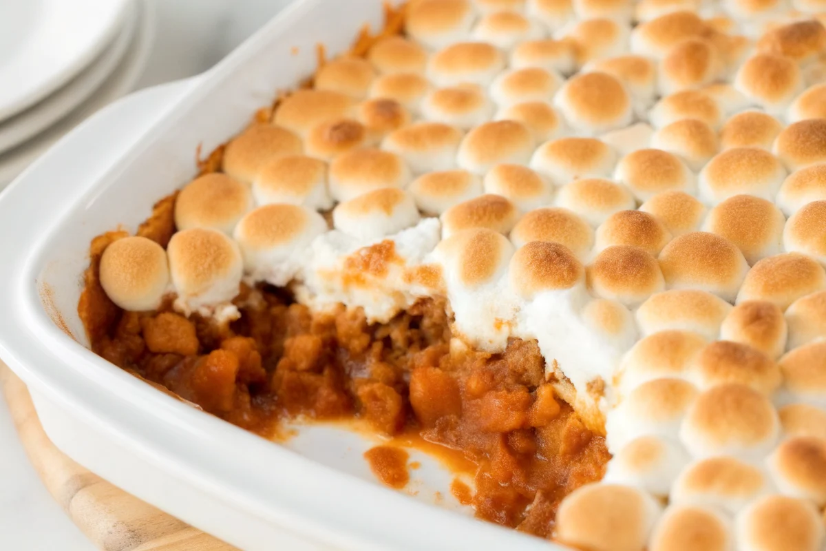 Golden sweet potato casserole with marshmallows and pecans in white baking dish, perfect Thanksgiving side dish