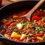 Delicious bowl of quick and easy hamburger soup with ground beef, vegetables, and herbs, perfect for weeknight meals – hearty beef soup steaming hot.