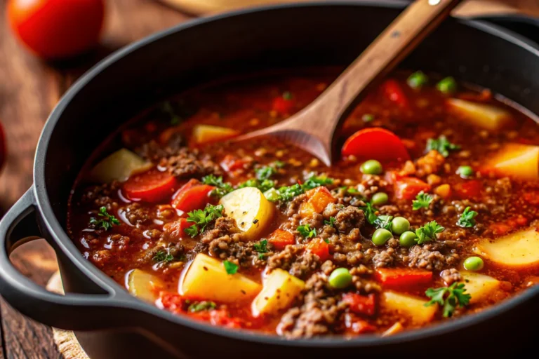 Delicious bowl of quick and easy hamburger soup with ground beef, vegetables, and herbs, perfect for weeknight meals – hearty beef soup steaming hot.